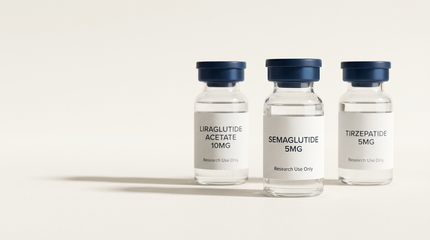 Research peptide vials with navy crimp caps on a warm off-white surface